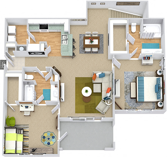 Floor plan for 2 beds, 2 baths, 1293 sqft